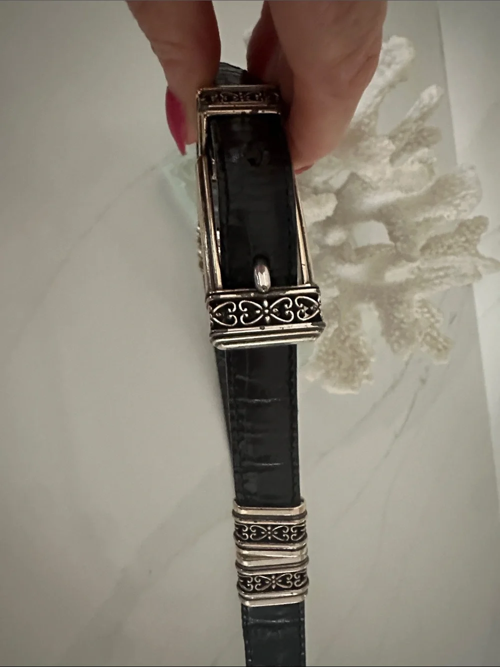 Brighton Black Leather Headband with Silver Decorative Accents. Size 41 inches.